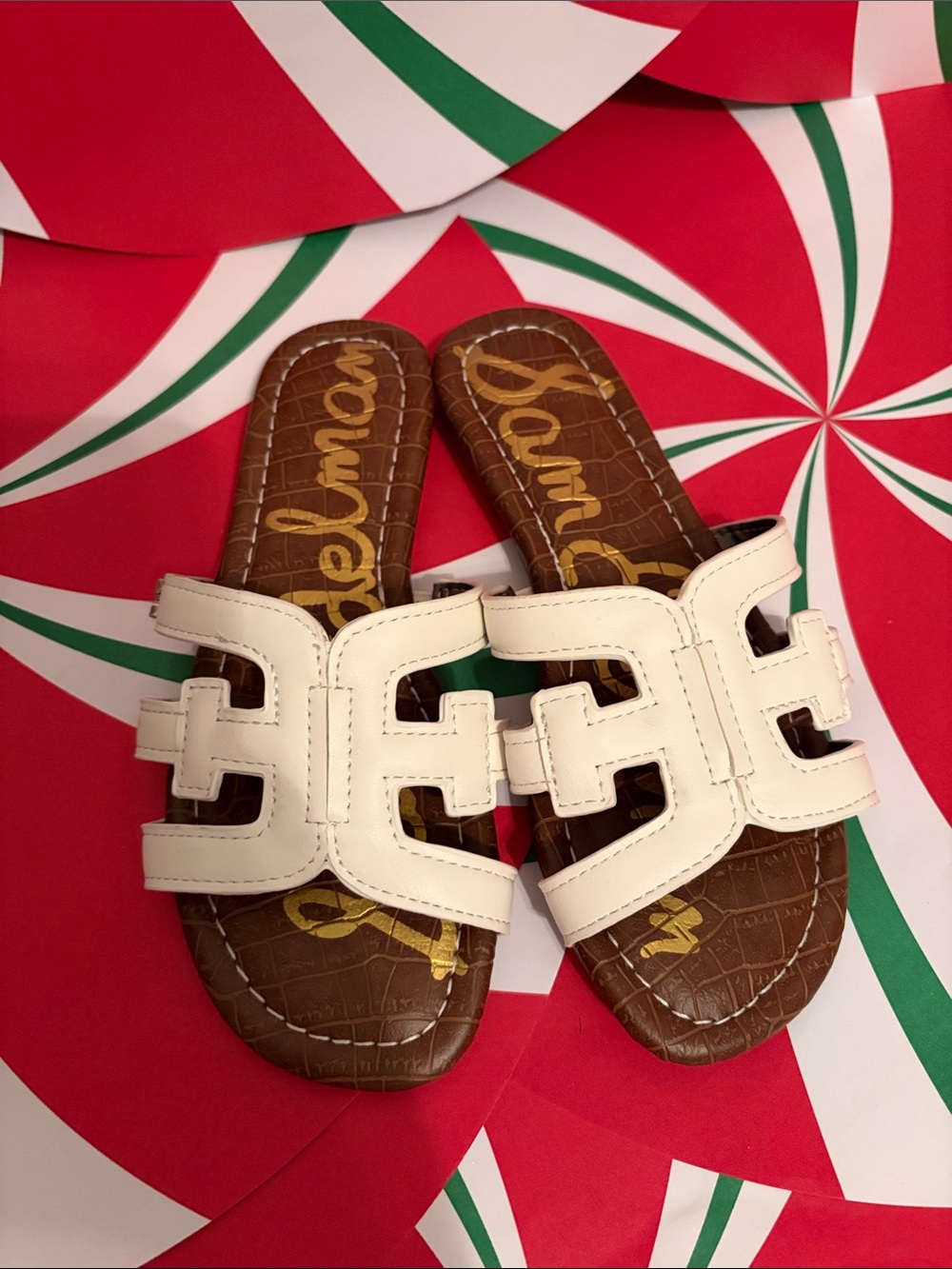 Sam Edelman White Slide Sandals with Brown Footbed for girls size-1